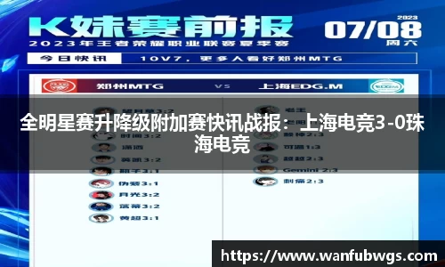 全明星赛升降级附加赛快讯战报：上海电竞3-0珠海电竞